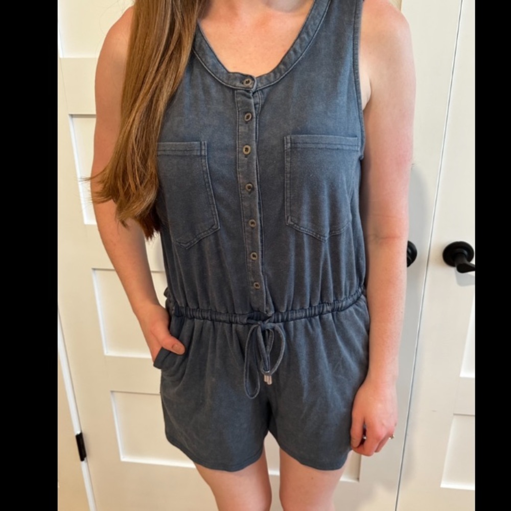 Soft blue tie waist button up romper